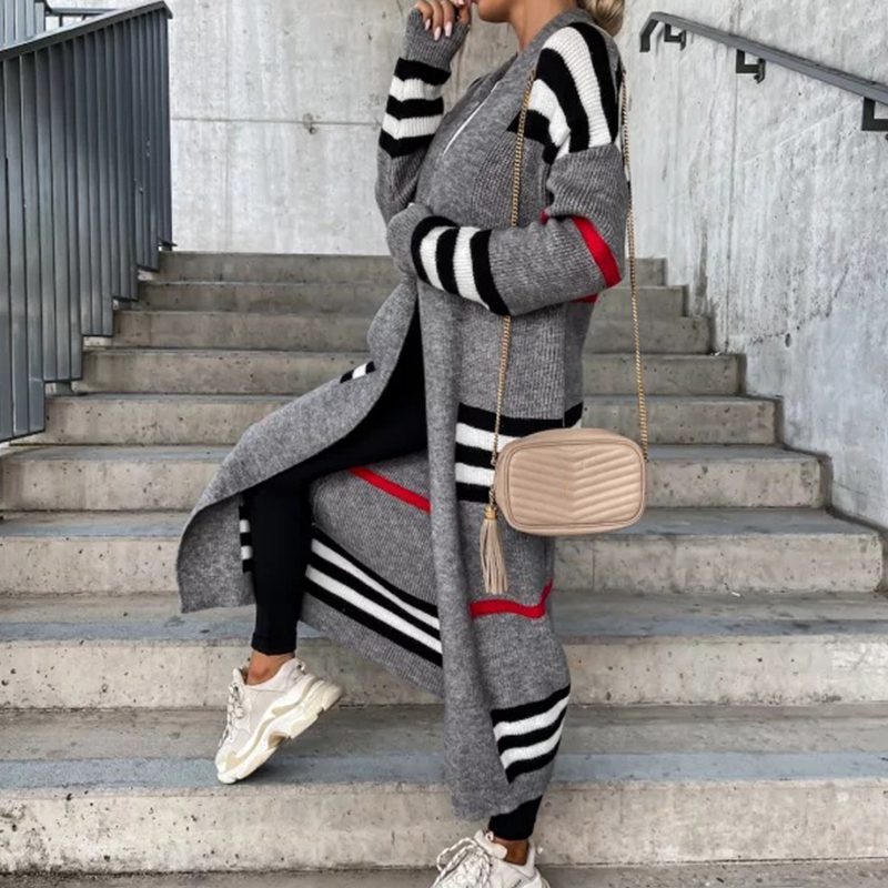 Long Striped Patchwork Knitted Cardigan