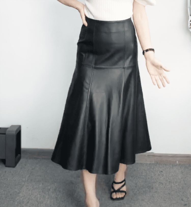 Black Pleated Long Leather Skirt