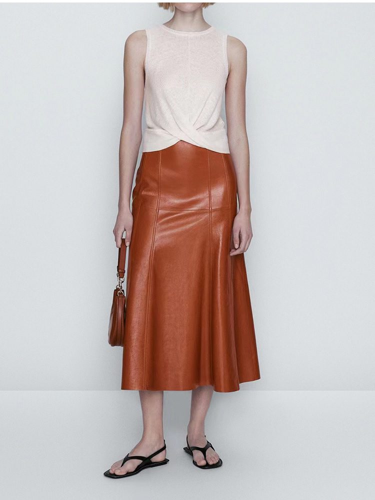 Pleated Long Leather Skirt